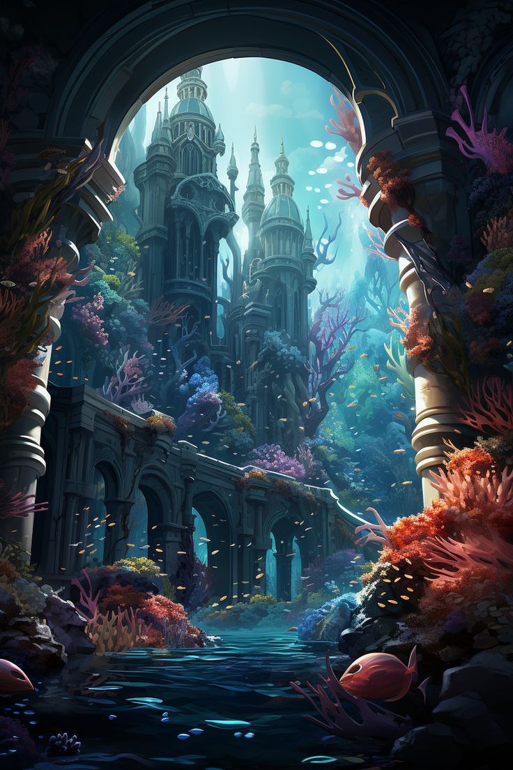 an underwater castle is shown in this digital painting