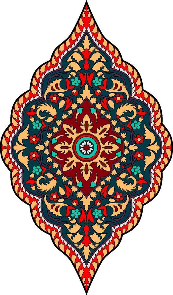 an ornate design in red, yellow and blue