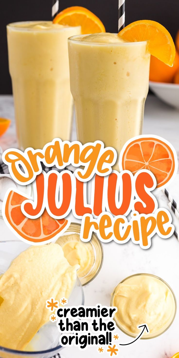 an orange juice recipe is shown with two glasses filled with oranges and ice cream