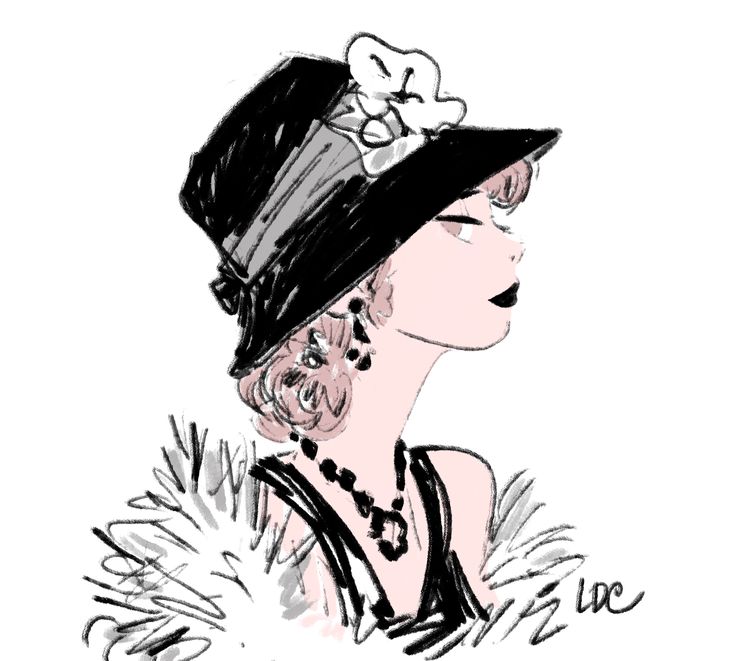 a drawing of a woman wearing a hat with flowers on it's brim