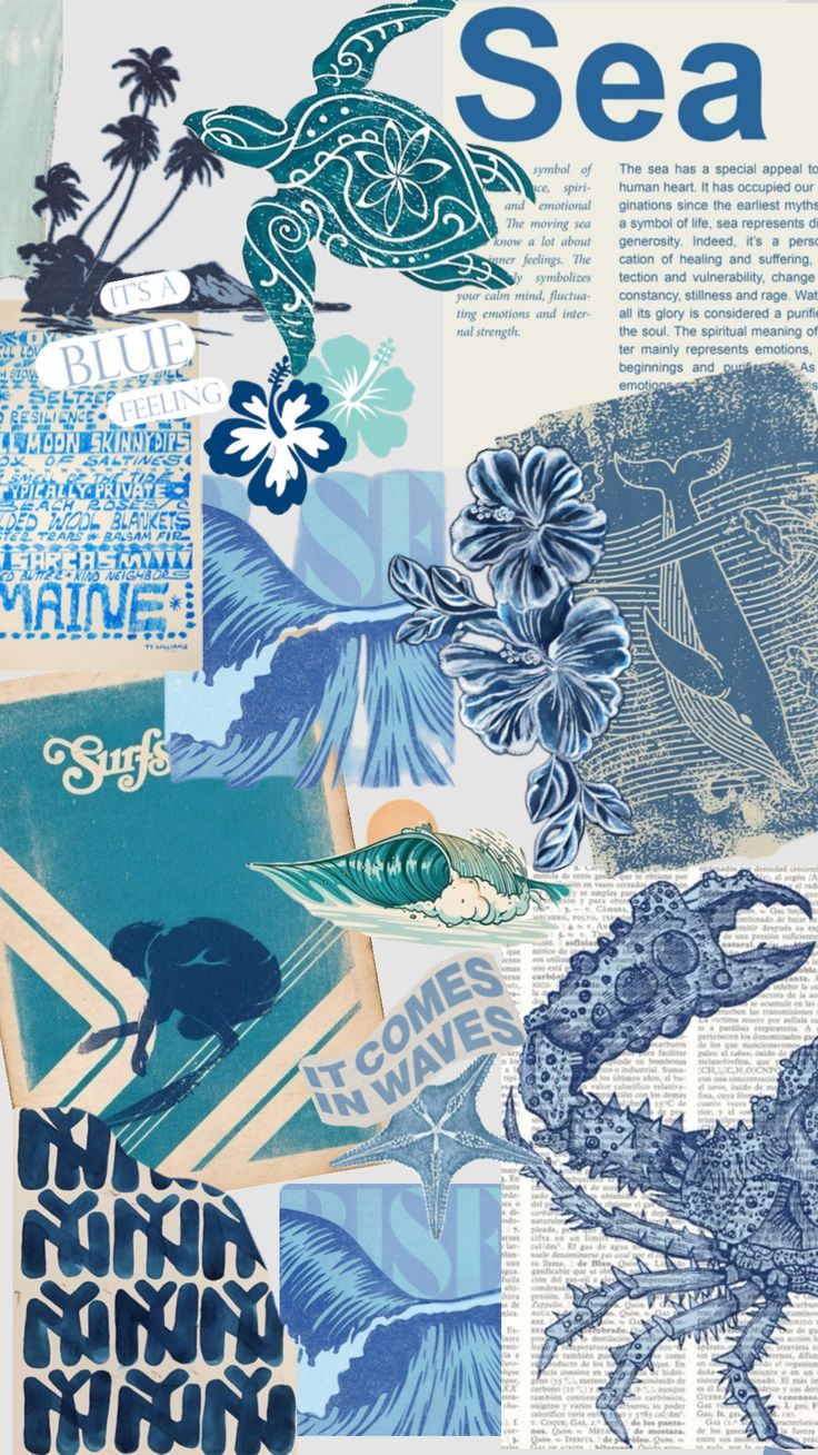 a collage of sea animals and words on newspaper pages, including an image of a turtle