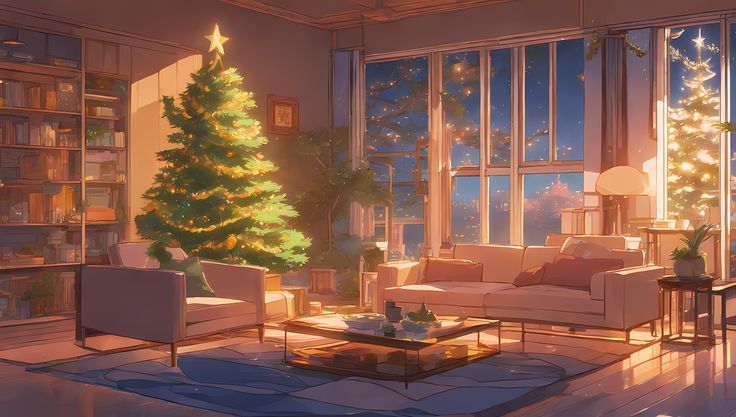 a living room filled with furniture and a christmas tree in the middle of the room