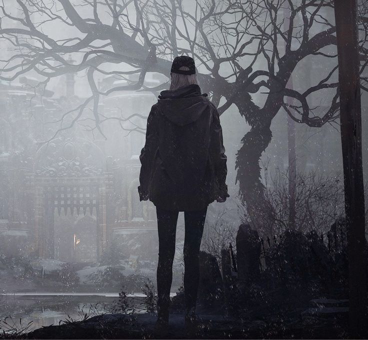 a person standing in front of a tree on a foggy day, looking at the city