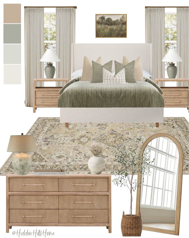 the bedroom is decorated in neutrals and whites, with beige accents on the walls