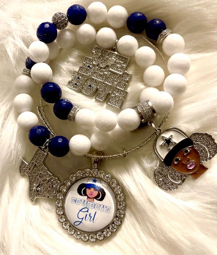 Custom Cowboys Football bracelet ♦ Material: Beads ♦ Color: Blue and whie ♦ Gift For: Mom, Daughter, Sister, Girlfriend, Wife ♦ Occasions: Wedding, Office, Party, Birthday, Anniversary, Engagement ♦ Size: Adjustable ♦ Theme: Football Sporty Bling  ♥ Perfect gift for yourself or your loved one ♥ ♦ TURNAROUND TIME: ♦ Your order will be shipped in 2-3 business days. US customers should receive their order within 2-3 business days. International orders will take 3-4 weeks. Personalized White Beaded Bangle Bracelet, Customized White Round Bracelets, White Name Bracelet Bangle For Friendship, White Bangle Crystal Bracelet For Party, White Beaded Bangle Bracelets For Party, White Round Bracelets For Party, Handmade White Charm Bracelet For Party, White Friendship Name Bangle Bracelet, White Crystal Bangle Bracelet For Gift