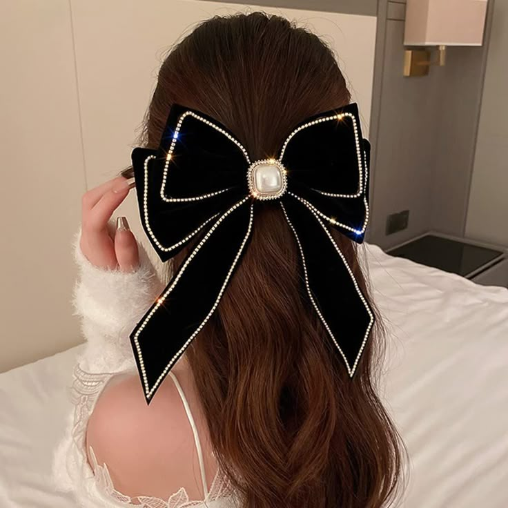 PRICES MAY VARY. Stylish and textured bow hair clips, easily fix your hairstyle and keep your hair always neat and tidy. It can be matched with your everyday outfits for a stylish and elegant look Size: 9.2*6.8in (23.5*17.3cm), weight 40.3g They are comfortable and easy to wear, hold your hair tightly all day without hurting you Material: high quality alloy,imitation pearl and rhinestone It is the perfect accessory for daily wear,Halloween,parade, Christmas party, New Year's day party, weddings, Elegance Hair, Black Hair Bows, Big Hair Bows, Rhinestone Hair Clip, Peinados Fáciles Para Cabello Corto, Hair Accessories Clips, French Hair, Pearl Hair Clip, Velvet Hair