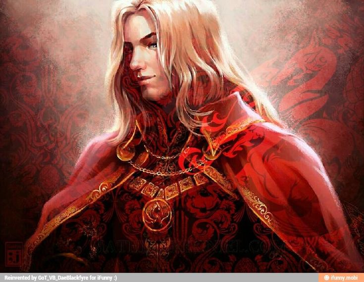 a painting of a man with long blonde hair wearing a red and gold outfit, standing in front of a dark background