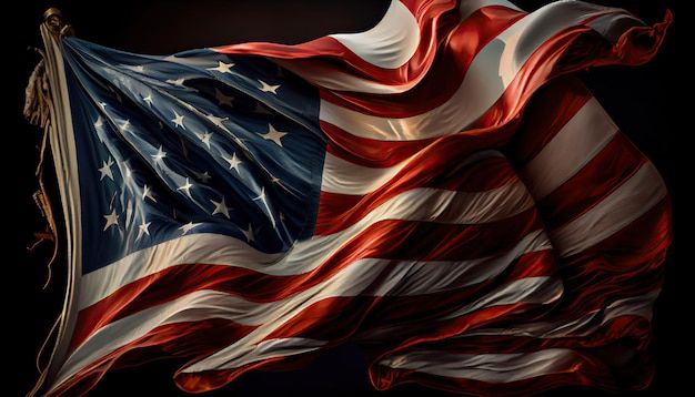 an american flag blowing in the wind on a black background with space for your text