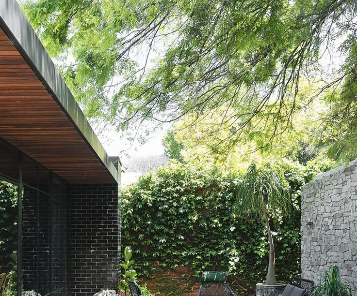 an outdoor patio with chairs and plants on the ground next to a brick wall covered in greenery