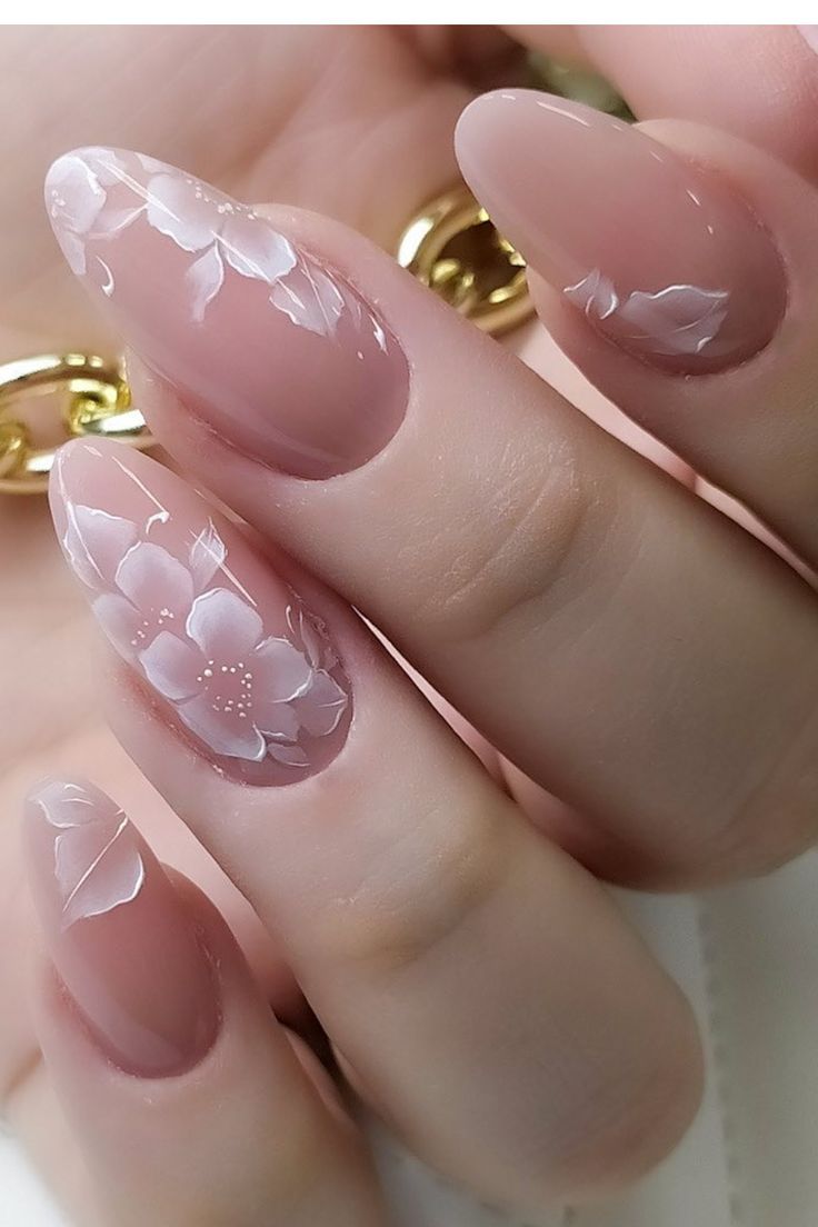 Wedding Nails Pink And White, Wedding Nails For Bride With Flowers, Bridal Nails Ivory, White Nails Wedding Brides, White Flowers Nail Art, Pink And White Nails With Flowers, Engagement Nails Floral, Wedding Nails For Bride Floral, Light Pink Nails Flowers