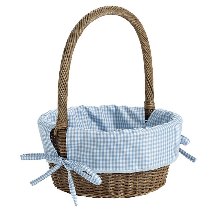 a blue and white checkered basket with bow ties on the handle, sitting against a white background