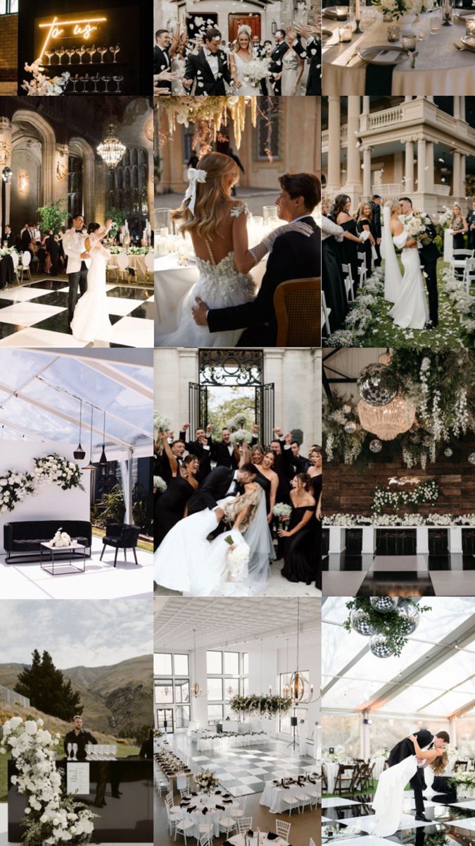 a collage of wedding photos with the bride and groom in black and white attire