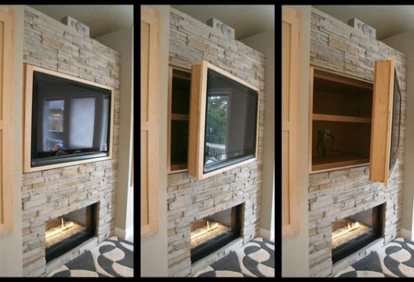 three pictures show the inside of a room with brick fireplaces and built - in entertainment center