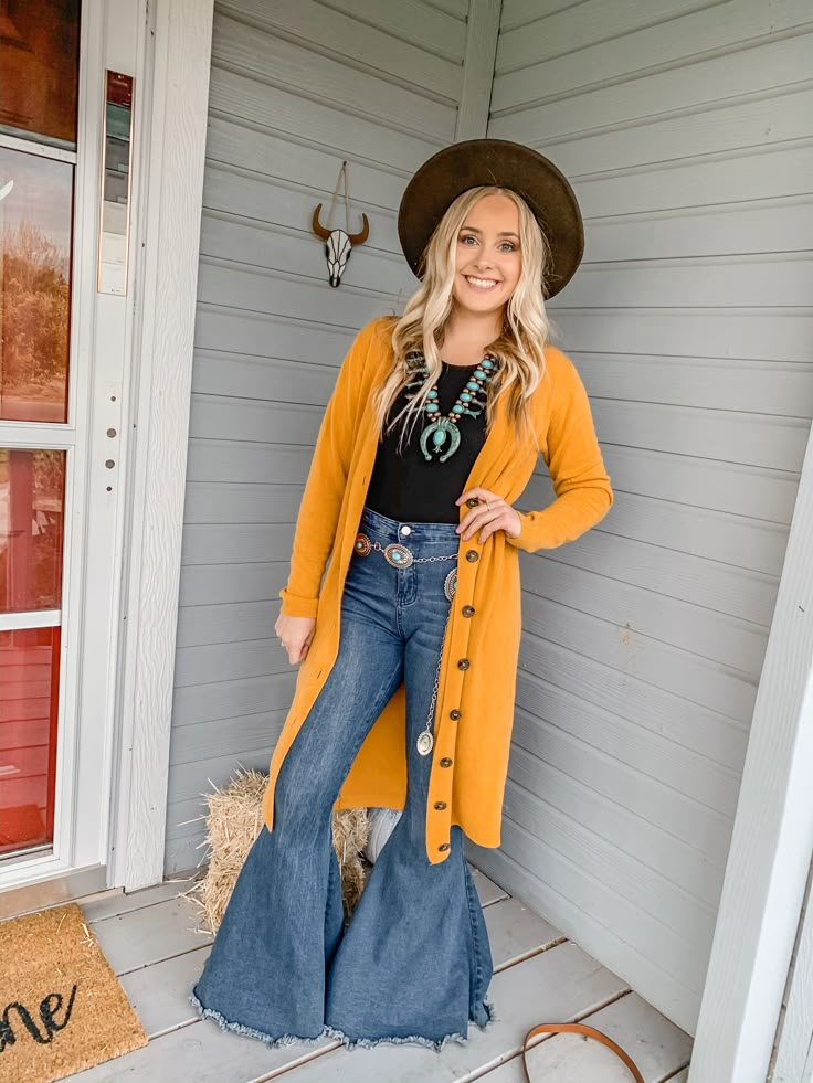 Western Style Outfits For Women, Bellbottom Pants Outfits Western, Mustard Bell Bottoms Outfit, Turquoise Western Outfit, Cardigan Western Outfit, Fall Western Bell Bottom Jeans, Flare Outfits, Country Chic Outfits, Southern Outfits