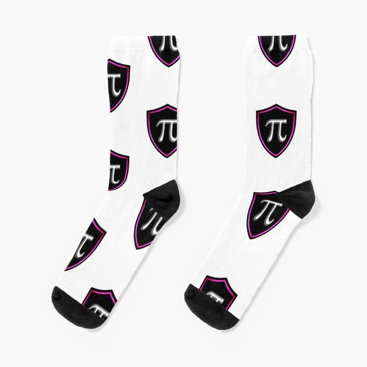 a pair of white socks with purple and black letters on them that say pi in the middle