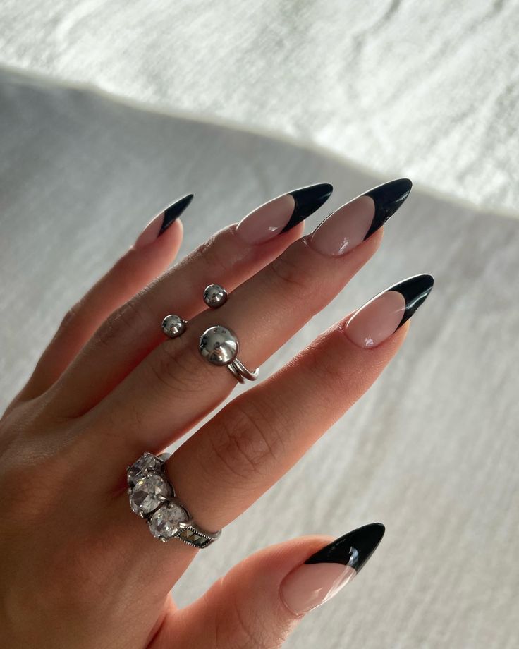 black french tips on medium almond shape nails Black French Tip Nails Stiletto, Black Frenchies, Black French Tip Nails, Black French Tip, Black French Tips, Black French, Tip Nails, French Tips, French Tip Nails