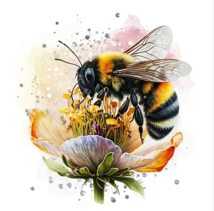 a painting of a bee sitting on top of a flower with watercolor splashes