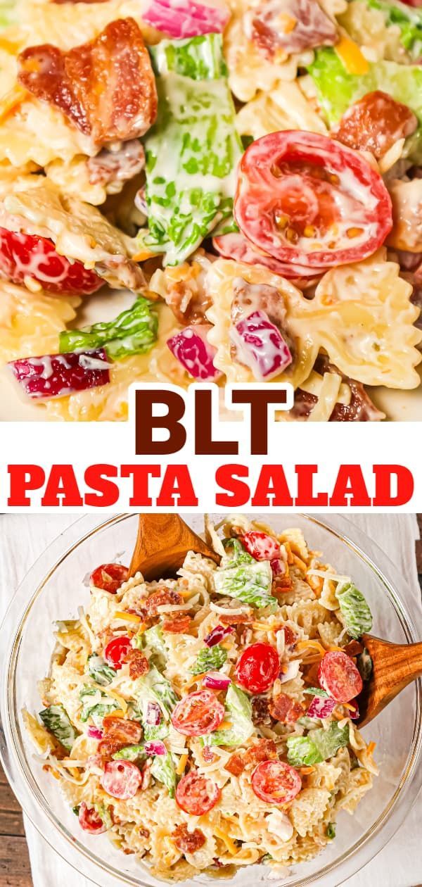 two pictures with different types of pasta salad in them and the words blt pasta salad below