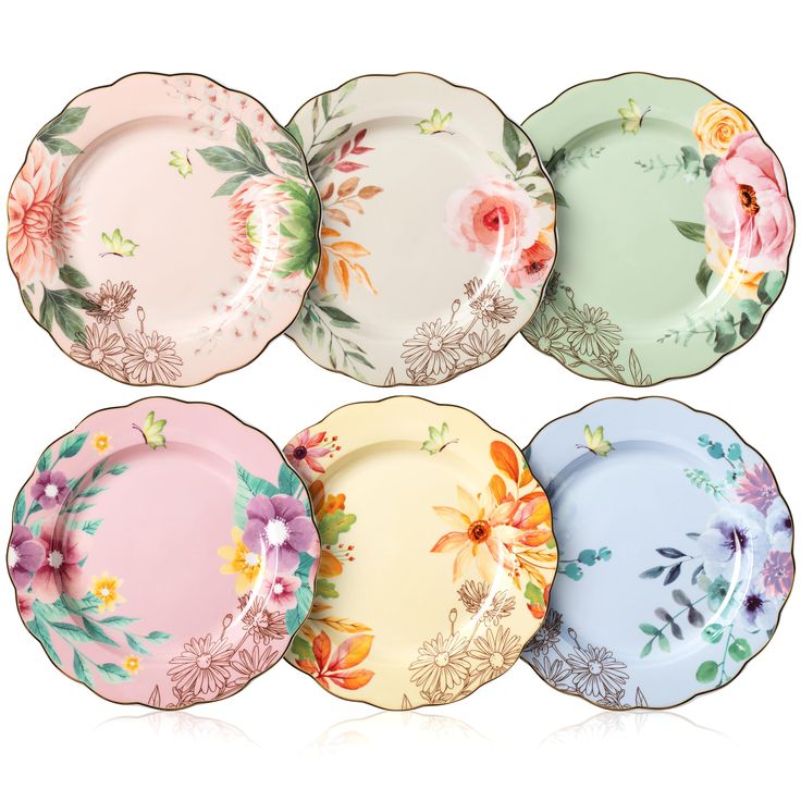 six plates with flowers painted on them, all in different colors and sizes are shown