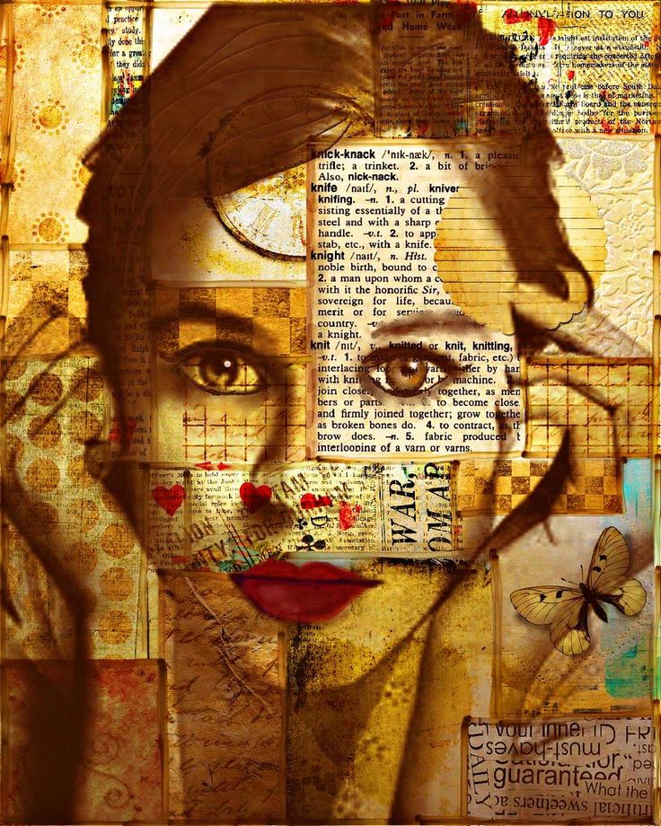 a woman's face is shown with many words and pictures on it, including butterflies