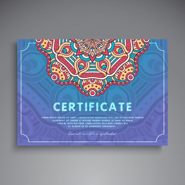 a certificate with an ornate design in blue and orange colors on a gray wall background