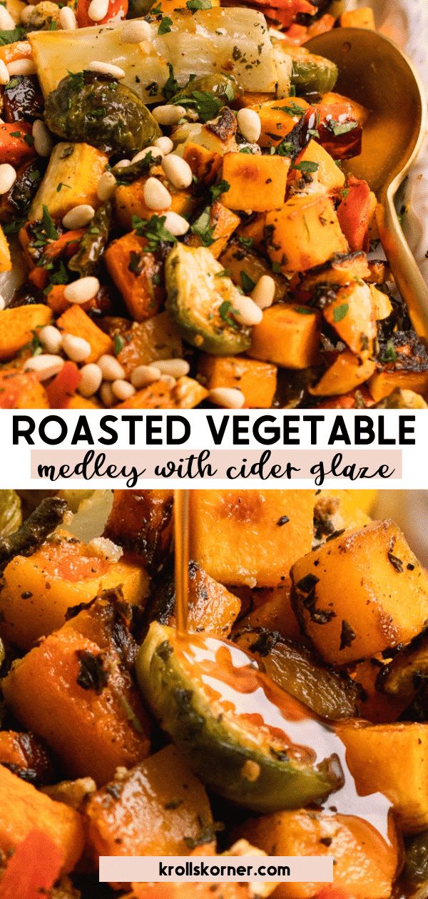 roasted vegetable medley with side - by - side sauce is shown in two separate images