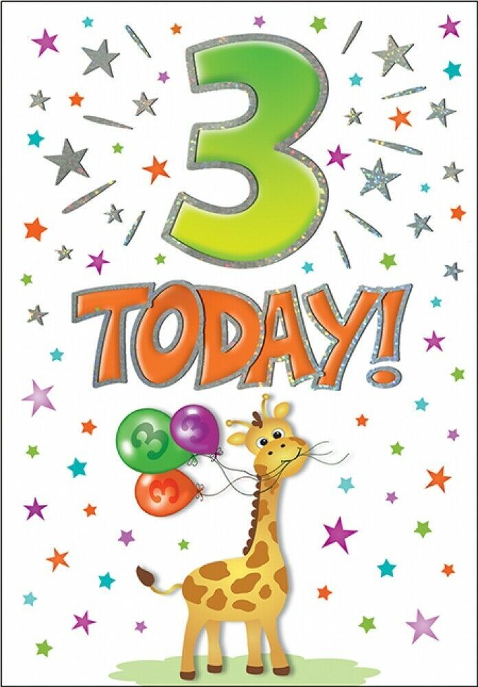 a birthday card with an image of a giraffe holding balloons and the number three