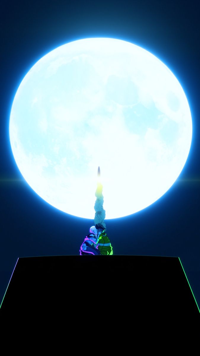 the full moon is shining brightly in the night sky over a small tower with a lit candle on top