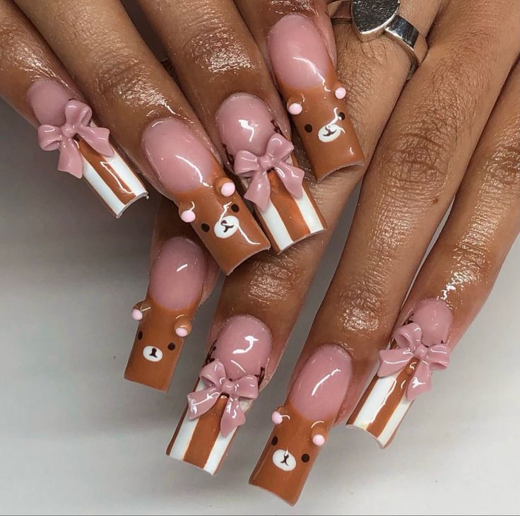 Pink And Brown Acrylic Nails, Teddy Bear French Tip Nails, Brown And Pink Nails Acrylic, Nails Acrylic Teddy Bear, Nails With Teddy Bear Charms, Brown Kawaii Nails, Pink And Brown Nails, Brown And Pink Nails, Bear Nails