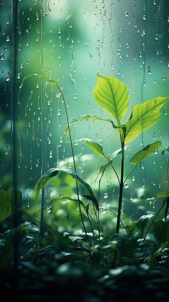 a green plant in the rain with water droplets on it's glass window sill