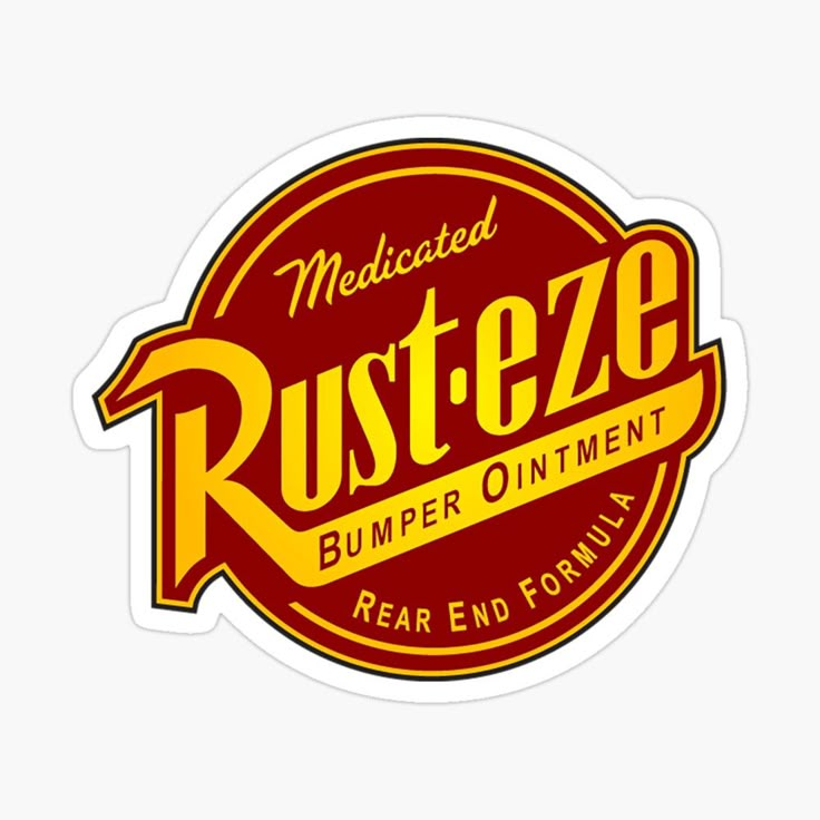 the rust - eze bumper sticker is shown in red and yellow with an orange circle