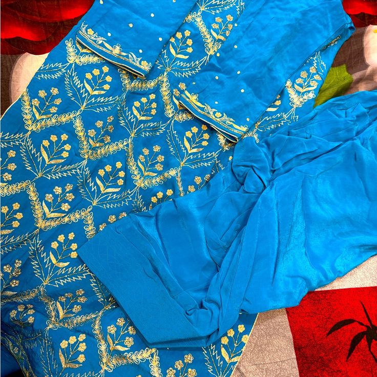 Beautiful Blue Embroidered Salwar Suit Totally New Never Worn 38 Bust Silk Blue Kurta With Resham Embroidery, Blue Silk Kurta With Resham Embroidery, Silk Kurta With Resham Embroidery In Blue, Blue Silk Kurta With Zari Work, Blue Silk Kurta For Festive Occasions, Blue Semi-stitched Silk Kurta, Semi-stitched Silk Blue Kurta, Festive Blue Silk Kurta, Semi-stitched Blue Sets With Intricate Embroidery