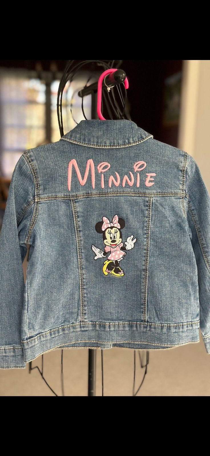 Denim jacket embriordered with pink Minnie Mouse.  Not all jackets are the same blue. If you would like to see the jacket before it's made, feel free to message me. Personalized Minnie Mouse Jean Jacket Pink, Cute Long Sleeve Denim Blue Outerwear, Cute Winter Denim Jacket, Cute Denim Blue Outerwear With Pockets, Cute Fitted Long Sleeve Denim Jacket, Fitted Long Sleeve Cute Denim Jacket, Cute Denim Blue Cotton Outerwear, Cute Pink Denim Jacket With Long Sleeves, Cute Pink Long Sleeve Denim Jacket