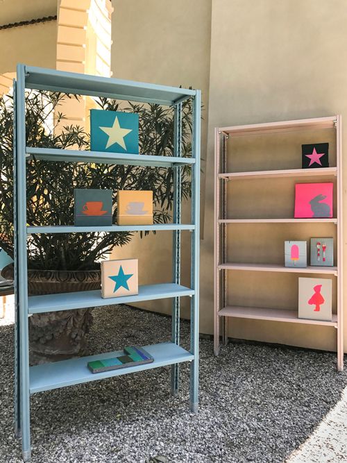 two bookshelves and a potted plant on the ground