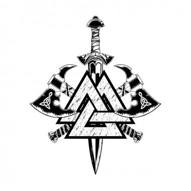 an image of a dagger and two crossed swords in the middle of a triangle with arrows