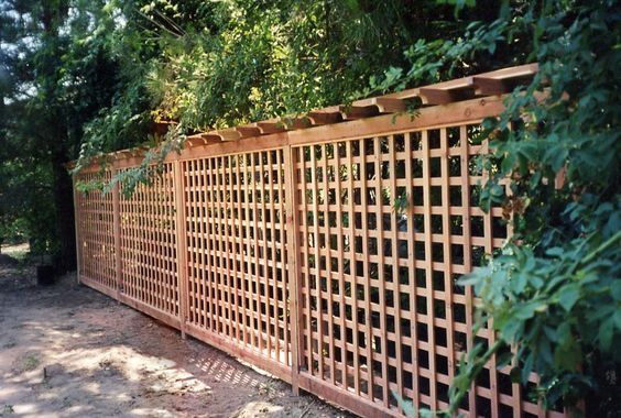 a wooden fence surrounded by trees and bushes