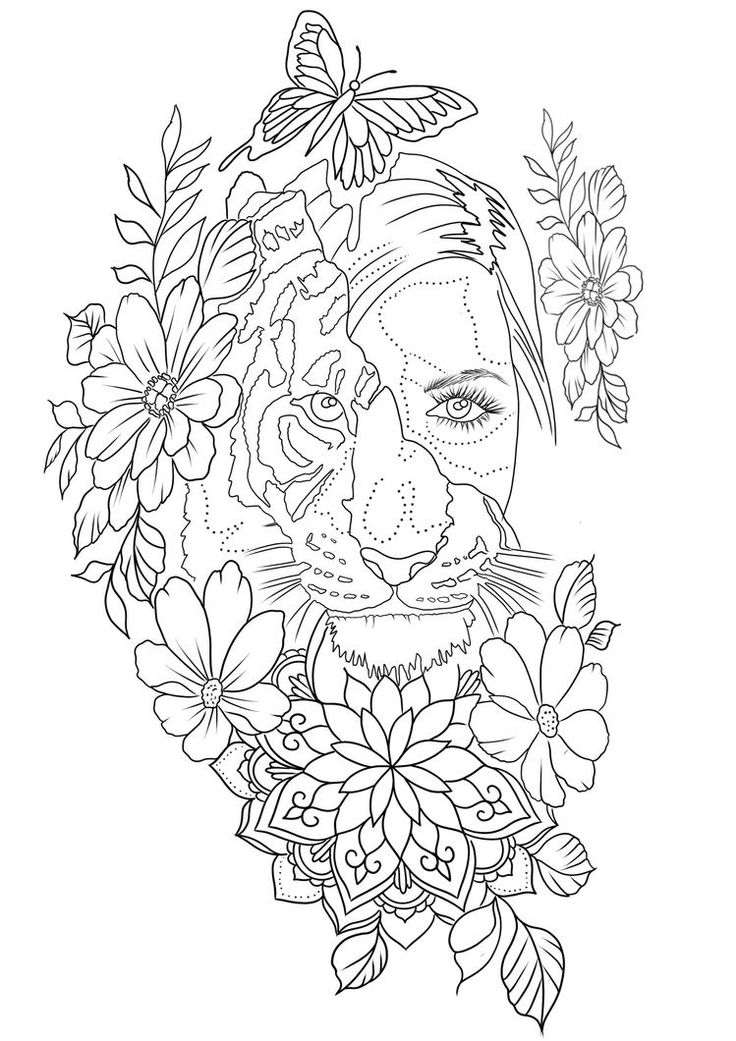 a woman's face with flowers and butterflies around her