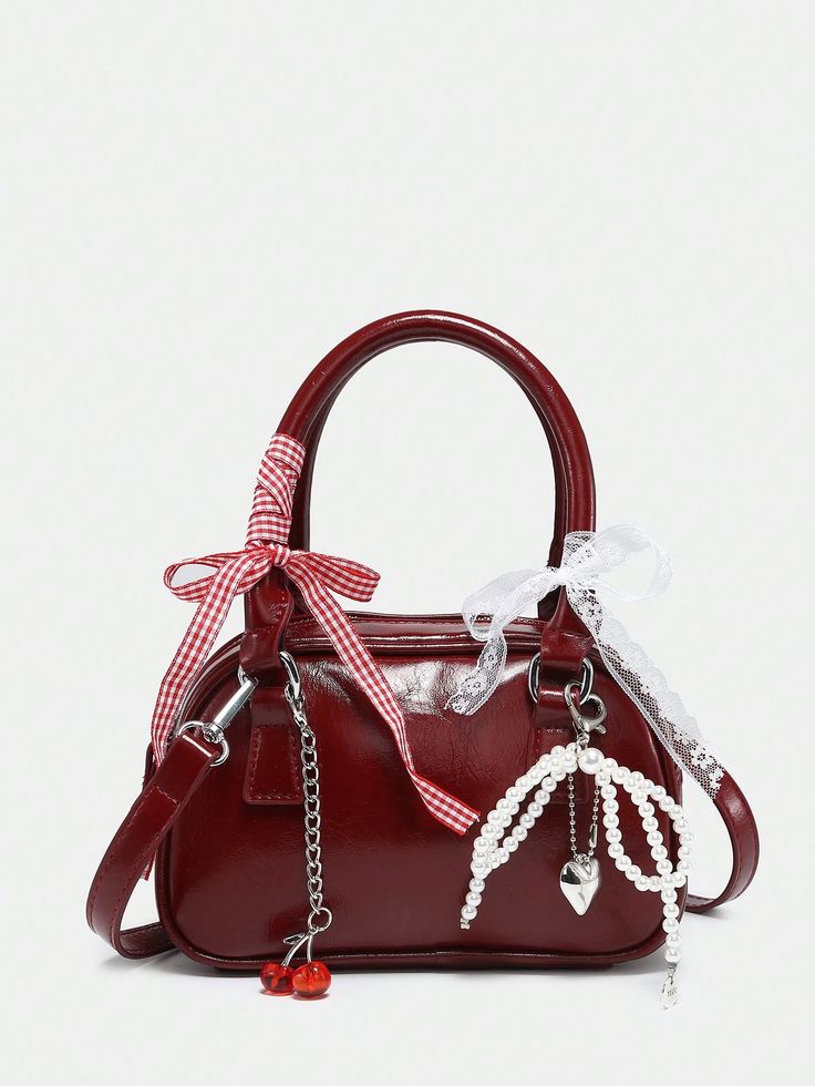 Women's Cute Ballet Style Cherry Pearl & Bow Decor Mini Handbag, Fashionable Burgundy Bag Burgundy Preppy   PU Leather Plain,Tribal Dome Bag   Women Bags, size features are:Bust: ,Length: ,Sleeve Length: Cute Bags From Shein, Vintage Purses Retro, Bottle Cap Purse, Cute Purses Designer, Bag With Accessories, Coquette Purses, Bag Charm Trend 2024, Cute Bags And Purses, Fancy Bags Purses