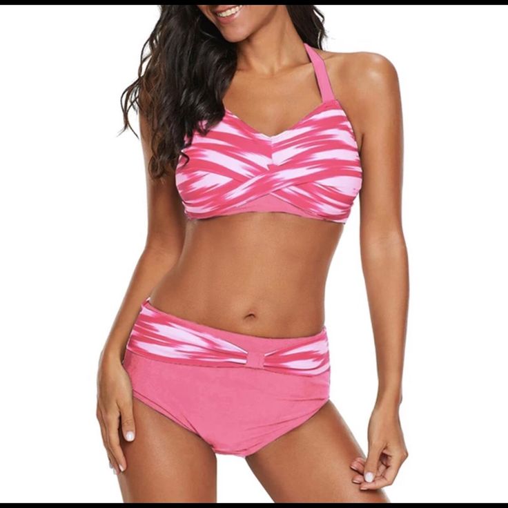 Halter Sexy Backless Bikini Tankini Set Push Up Beach Wear Pink T-back Swimwear With Built-in Bra, Pink Push-up Swimwear, Pink Fitted Push-up Swimwear, Pink Underwire Sports Swimwear, Pink Underwire Swimwear For Sports, Swimsuit Pattern, Print Swimwear, Swimsuits High Waisted, Twist Front