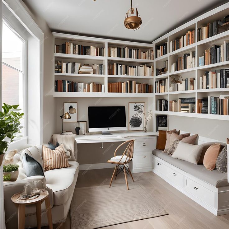 a living room filled with lots of bookshelves next to a desk and chair