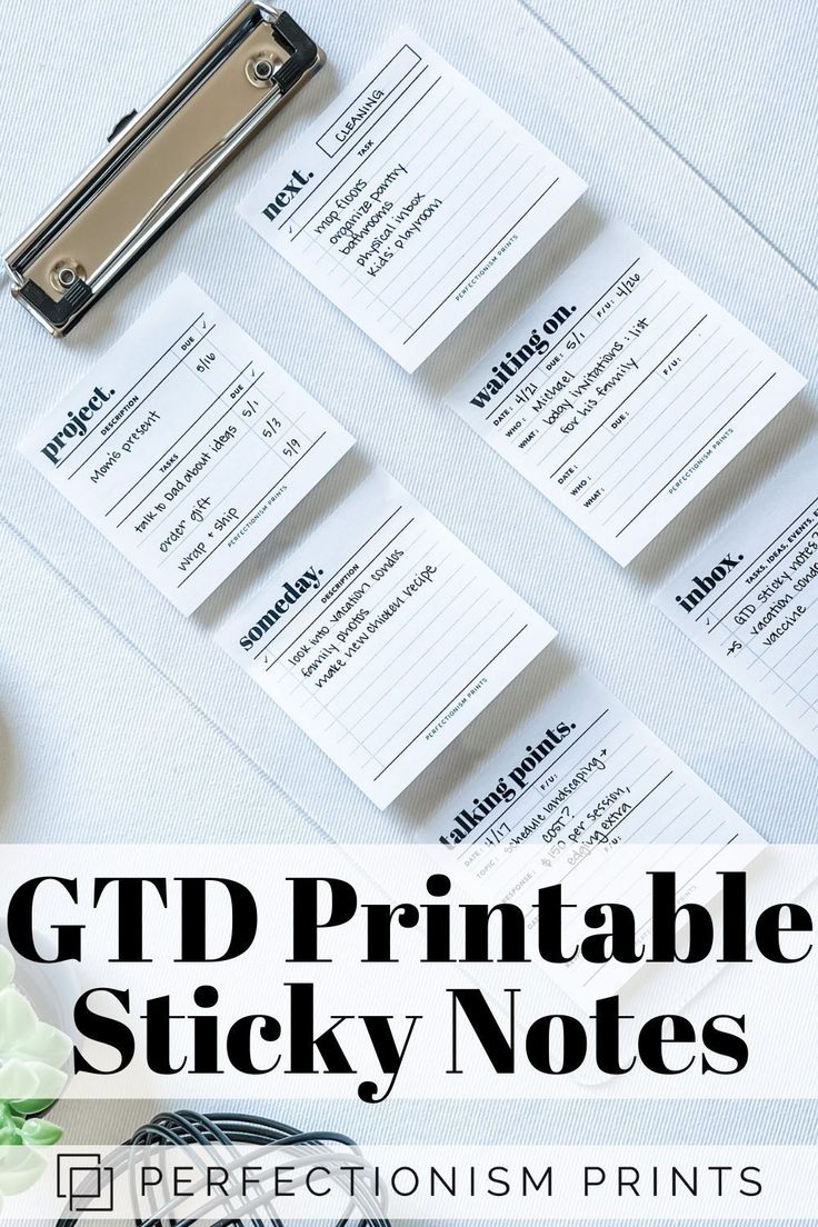 a clipboard with sticky notes on it and the words gdt printable sticky notes Stationary Set Up, Sticky Notes Printable, Printable Sticky Notes, Gtd Planner, Student Planner Organization, Planner Design Ideas, Planner Cards, Simple Weekly Planner, Life Planner Organization