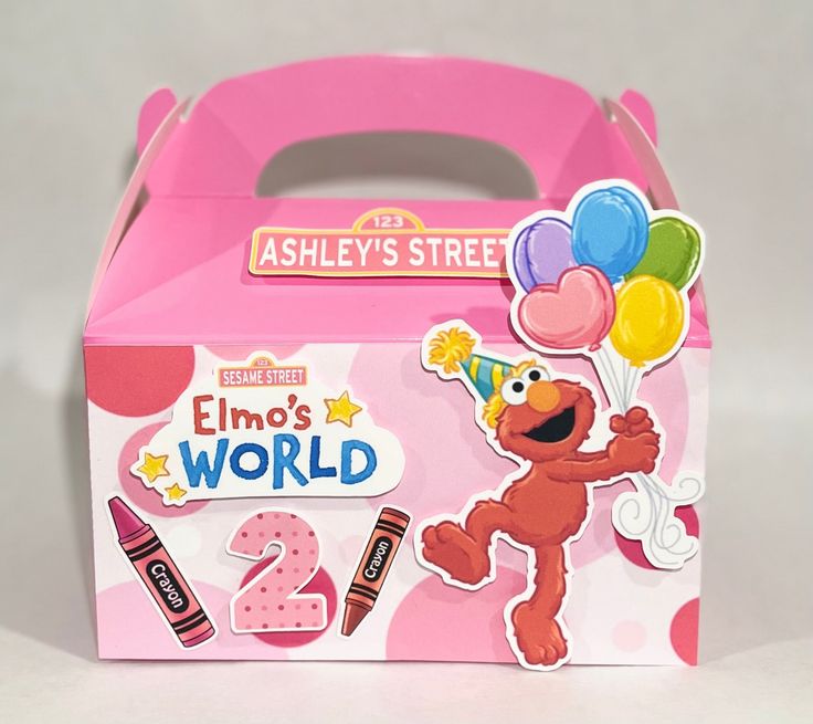 the sesame street elmo's world birthday box is pink and has balloons on it