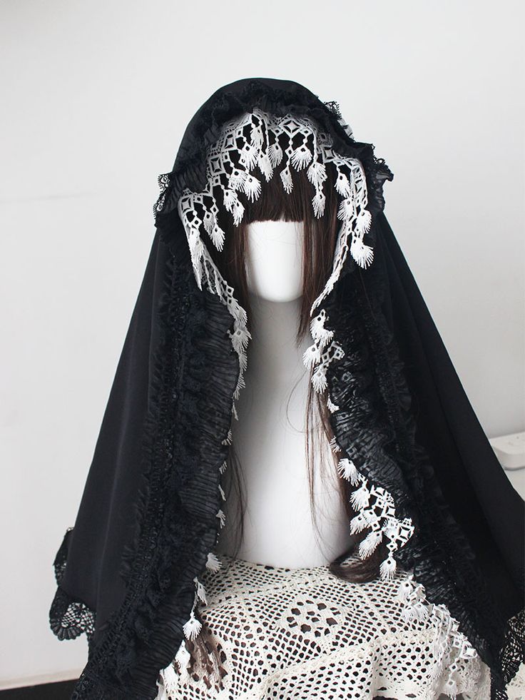 Black / White Nun Lolita Head Veil Ghost Ritual Outfit, Nun Headdress, Nun Costume Aesthetic, Black And White Veil, Veil Character Design, Veil Pagan, Veil Reference, Crow Clothes, Nun Headpiece