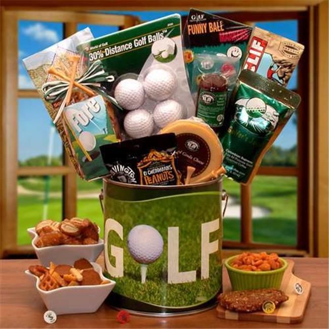 a golf gift basket is shown on a table