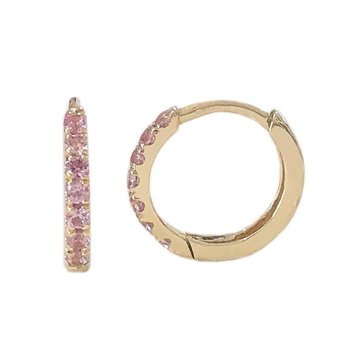 "This finely handcrafted huggie hoop dangle earring is composed of 14K solid gold and pavé set with genuine AAA quality round brilliant cut natural real Powder Pink Sapphire gemstones. This earring also features a secure hinged closure for the ease of taking them on and off. ♦ Huggie Dimensions: - outer diameter approximately 10mm - inner diameter approximately 7.5mm - hoop thickness 1.55mm - post thickness 0.7mm (20 gauge) - post length 5.5mm ♦ Metal Finish: High Shine Polish ♦ This design is c Luxury Pink Huggie Earrings, 14k Gold Huggie Earrings With Halo Detail, 14k Gold Huggie Earrings With Halo, Pink Hypoallergenic Small Hoop Huggie Earrings, Pink Huggie Jewelry With Prong Setting, Yellow Gold Small Hoop Huggie Earrings With Halo, Halo Huggie Earrings As Gift, Pink Huggie Hoop Earrings Fine Jewelry, Pink Round Huggie Earrings