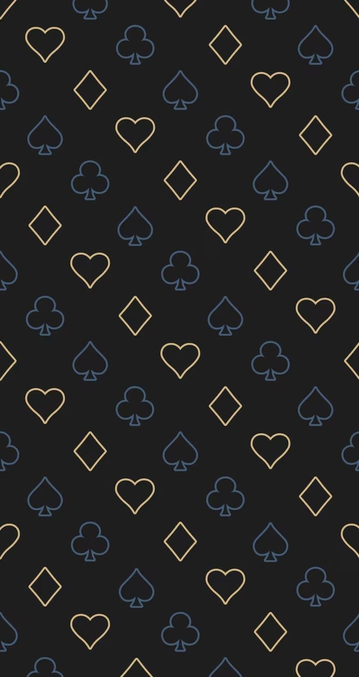 a black background with blue and gold hearts on it's sides, in the shape of playing cards