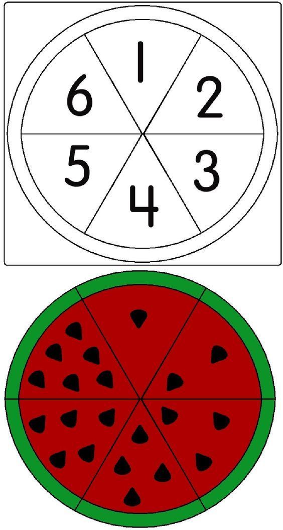 two slices of watermelon with numbers in the middle and one slice on top