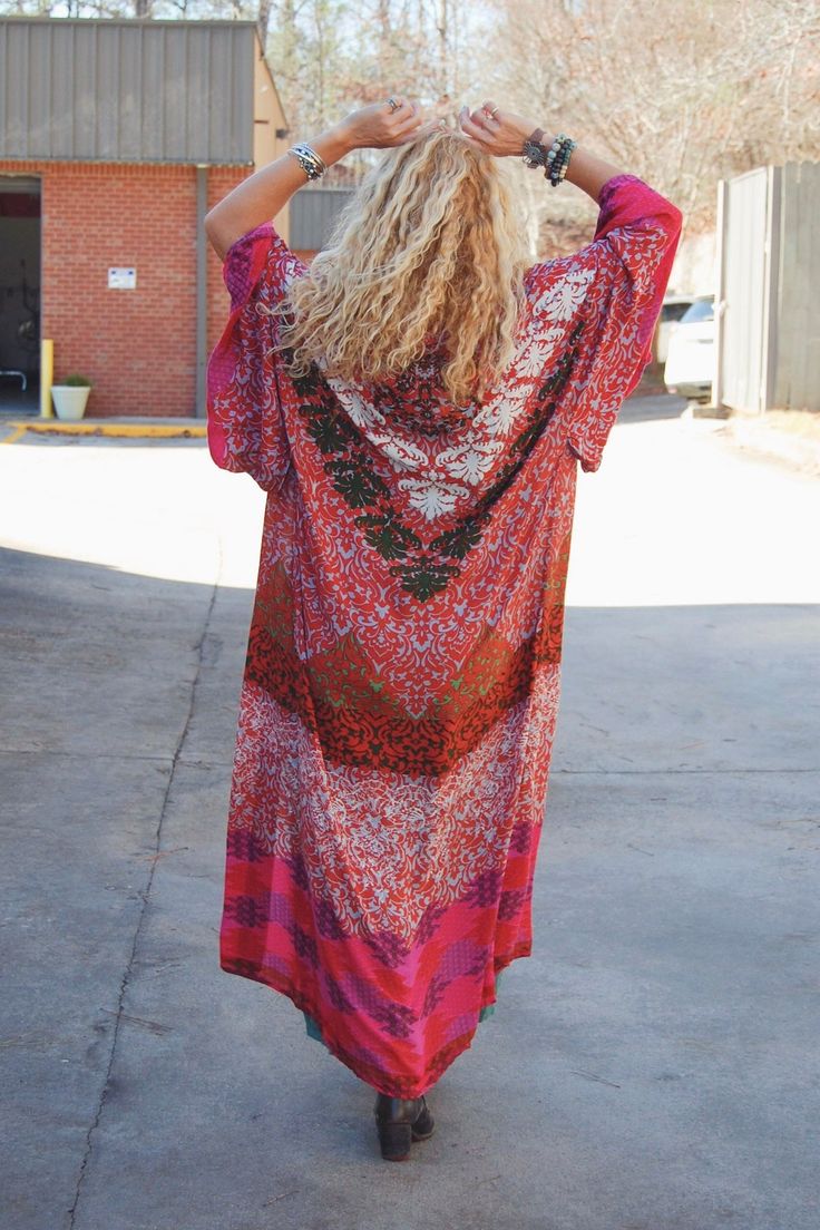 The Alexia Kimono in Pink Combo ♡ Product Highlights ♡ This Alexia Kimono in Pink Combo is the perfect stylish statement layering piece to add to your closet, and or any on-trend bohemian style outfit! Giving your look a trendy element, this kimono makes a statement with its beautiful multi-colored Damask print design. This lightweight and breathable kimono is the perfect piece for any season! ✁ Contents & Measurements ✁ This Alexia Kimono in Pink Combo contains 100% Rayon material. Total body l Trendy Spring Festival Kimono, Bohemian Long Kimono With Vibrant Print, Long Bohemian Kimono With Vibrant Print, Bohemian Free Size Long Kimono, Bohemian Long Free Size Kimono, One Size Hippie Kimono For Festivals, Long Kimono With Vibrant Print For Festival, Bohemian Long Free-size Kimono, Multicolor Bohemian Printed Kimono