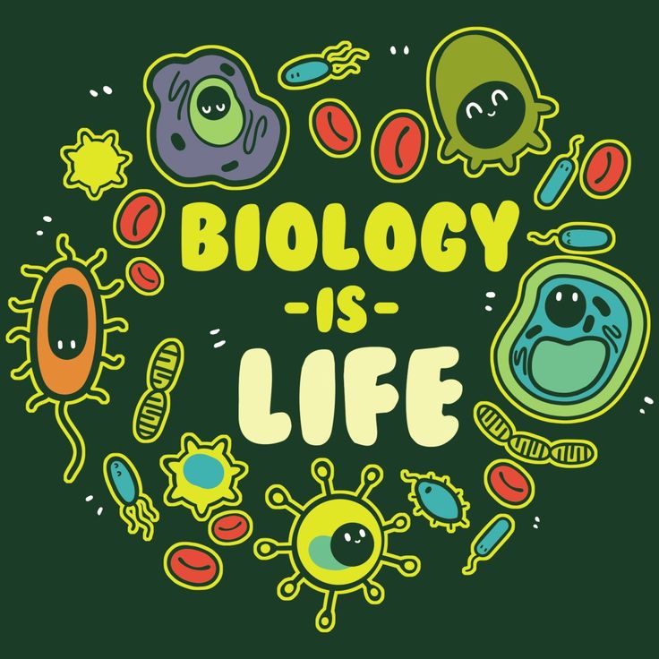 the words biology is life are surrounded by cartoon creatures and other things on a black background