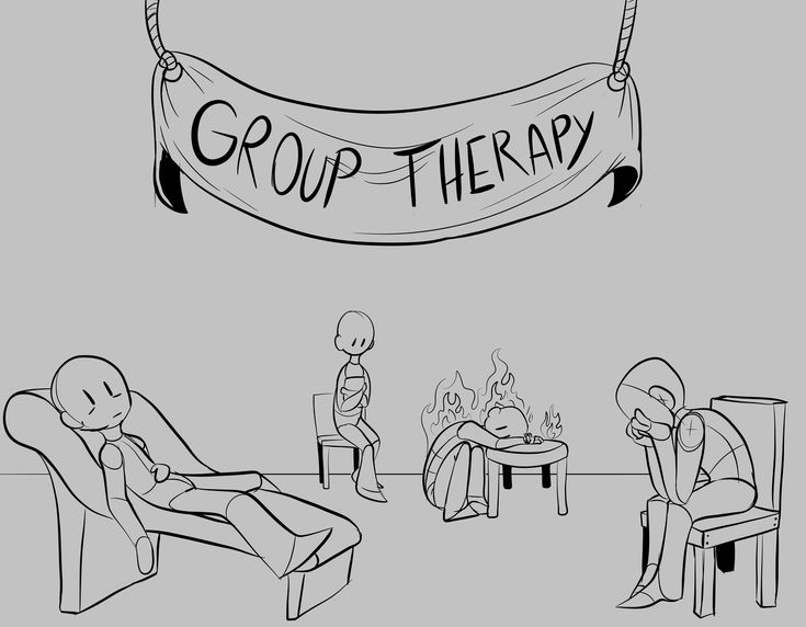 two people sitting around a fire with a banner above them that says, group therapy